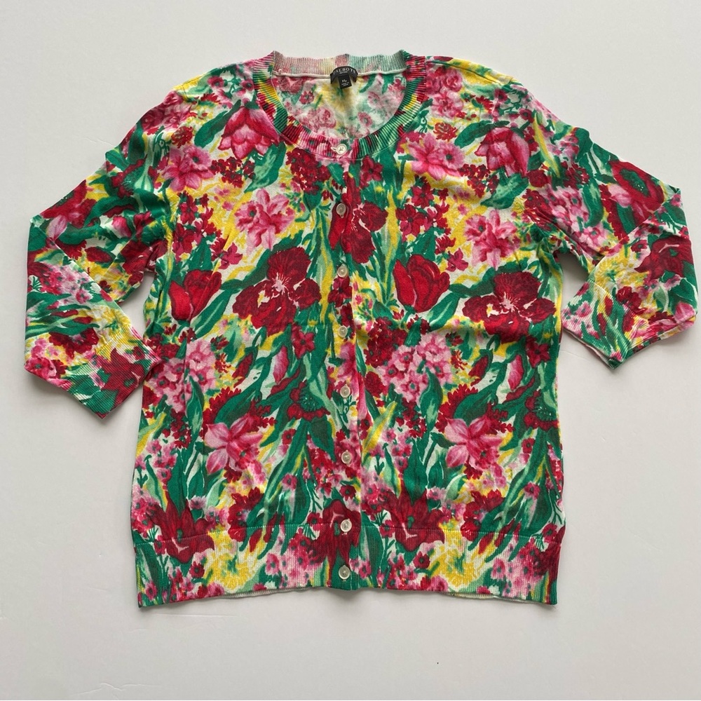 Talbots Petites Yellow Floral Tissue Weight Cardigan 3/4 Sleeves Cotton Blend M